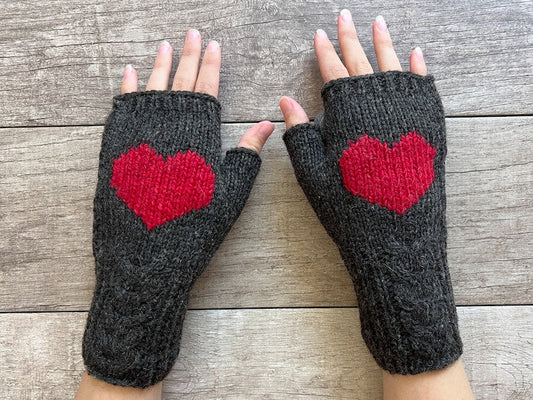 Knit Alpaca Wool Cable Heather Gray Red Heart Fingerless Gloves Texting Fleece Lined Snowboarding Womens Birthday Valentines Day Gift
